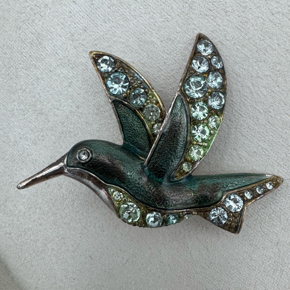 VTG Liz Claiborne LC Hummingbird Brooch Green Enamel‎ Rhinestone Bird Pin Signed